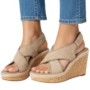 Franco Sarto Taylor Beige Suede Cork Wedge Espadrille Sandals Womens‎ 8.5M